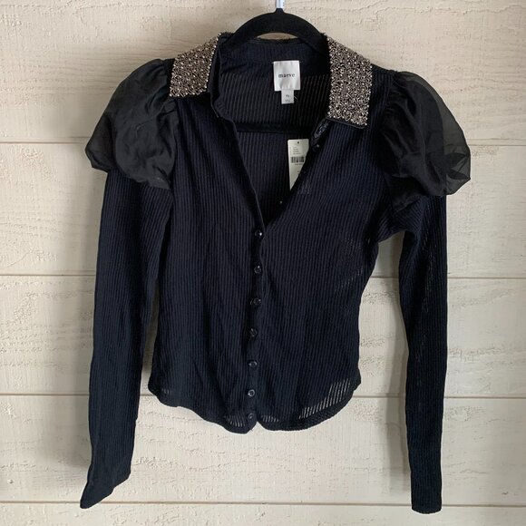 NWT Anthropologie Maeve Puff-Sleeve Buttondown Rhinestone Collar Shirt, Size XS - Picture 5 of 6